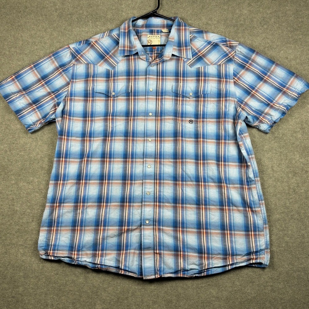 Roper Wear the West Short Sleeve Western Plaid Pearl Snap Shirt 3XL Blue
